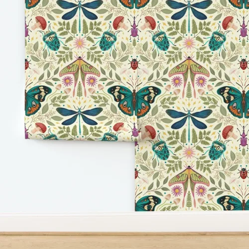 Vista 4 de Muestra de papel tapiz extraíble – insecto damasco insecto botánico grande Jumbo polilla mariposa bosque hongo beige verde azul papel pintado