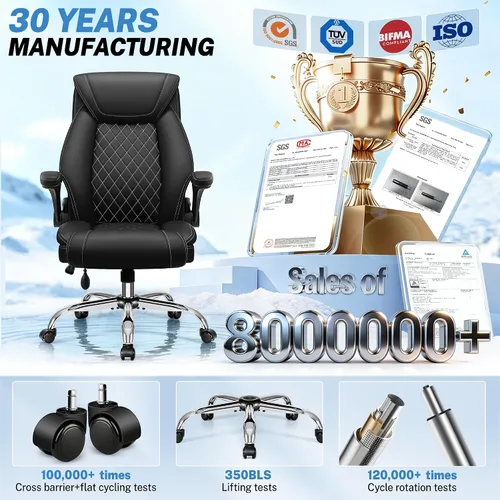 Vista 6 de Silla de oficina, silla de escritorio ergonómica grande y alta, silla ejecutiva de cuero para computadora con soporte lumbar ajustable, cómoda silla