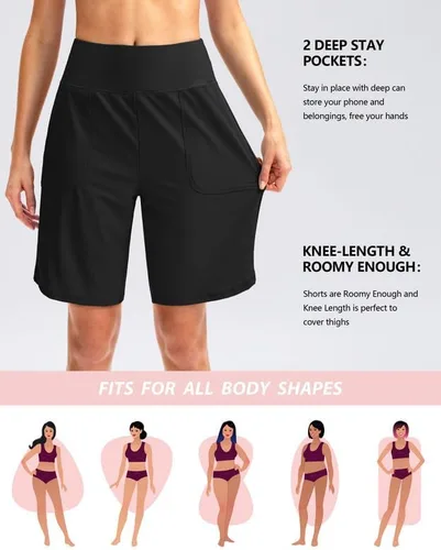 Vista 2 de Viodia Pantalones cortos de natación para mujer de 9 pulgadas de largo con bolsillos, cintura alta, trajes de baño de playa, hasta la rodilla