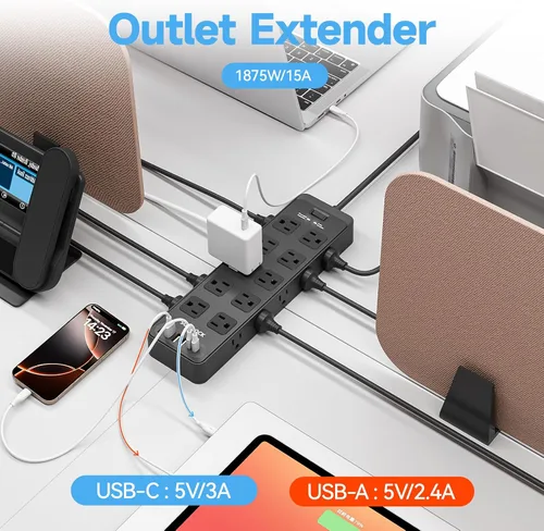 Vista 5 de Regleta de alimentación con enchufe plano, protector contra sobretensiones con 20 tomas de corriente AC y 6 puertos USB, 1875 W/15 A, 2700 julios