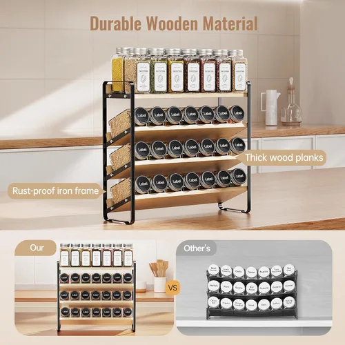 Vista 6 de MUDEELA Organizador de especias de 4 niveles para gabinete, estante vertical de madera para especias, organizador de condimentos para encimera, Negro