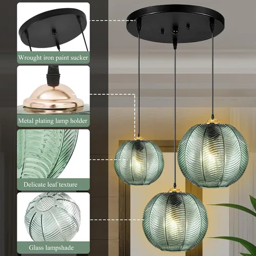 Vista 8 de Lámpara colgante verde, 3 en 1, accesorios de lámpara colgante de vidrio grande E26 E27 de mediados de siglo, lámpara de araña moderna acanalada