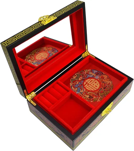 Vista 6 de Fengshuibringluck Joyero tradicional con diseño de dragón y fénix, organizador de joyas de madera, regalo para el Día de la Madre, soporte pequeño