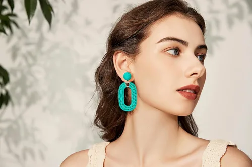Vista 2 de SELFWIMG Pendientes de rafia llamativos aretes bohemios geométricos ovalados para playa de verano