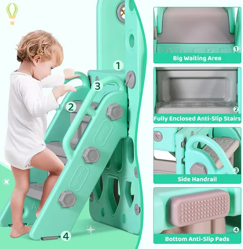 Vista 4 de Arlopu Juego de tobogán y columpio 7 en 1 para niños pequeños, juego de escalador con pelota y aro, telescopio, base reforzada con ventosa, parque