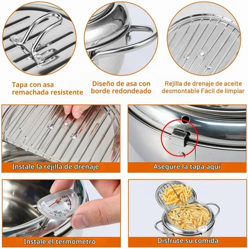 Vista 5 de Olla de 8.2 pulgadas de profundidad con cesta coladora y termómetro, olla profunda de acero inoxidable con asa, mini freidora de aceite