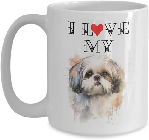 Vista 3 de Taza de café con texto en inglés "I Love My Shih Tzu", bonita taza para mamás y papás de perros, taza de acuarela con retrato de mascotas, regalos
