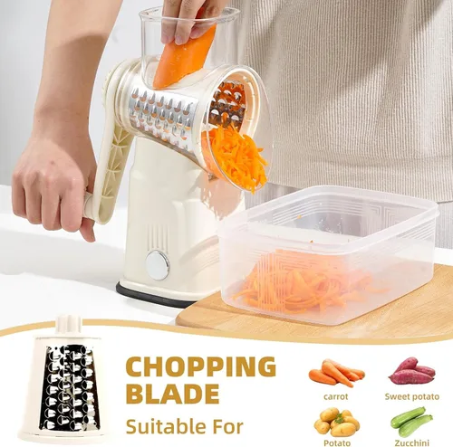 Vista 8 de Rallador rotativo de queso con asa, triturador de verduras con 5 cuchillas reemplazables y base de succión fuerte, rebanador redondo de alimentos