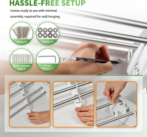 Vista 6 de Heshecein - Tendedero plegable para colgar en la pared, 5 varillas de acero inoxidable, estante plegable para ropa y toallas para interiores