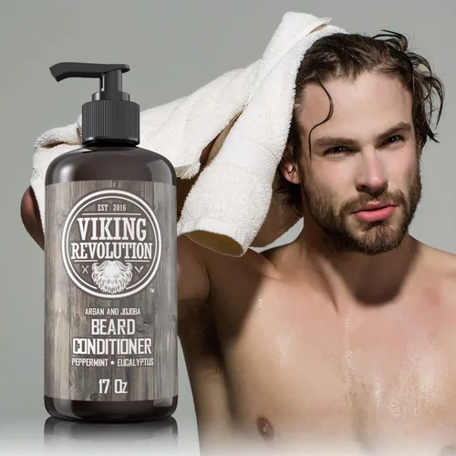 Vista 5 de Viking Revolution Acondicionador para barba con aceite de argán y jojoba - Suaviza y fortalece - Aroma natural a menta y eucalipto - Acondicionador