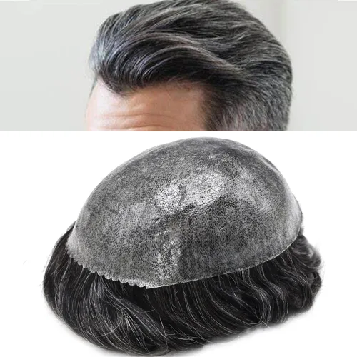 Vista 81 de Toupee para hombres Sistema de reemplazo de cabello humano real para hombres Completo PU Mens Hairpiece de aspecto natural para hombre piezas