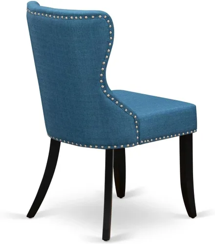 Vista 7 de East West Furniture SIP1T21 Sion Parson - Juego de 2 sillas tapizadas de tela de lino azul con ribete de clavos y botones copetudos, color negro