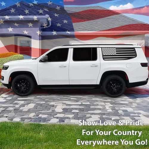 Vista 2 de BOGAR TECH DESIGNS Calcomanía de vinilo precortada con la bandera estadounidense de un cuarto de ventana, compatible con Jeep Wagoneer 2022-2025