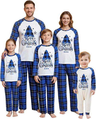 Vista 21 de Awoscut - Conjunto de pijamas navideños a juego, con estampado en la parte superior y pantalones a cuadros #B-7