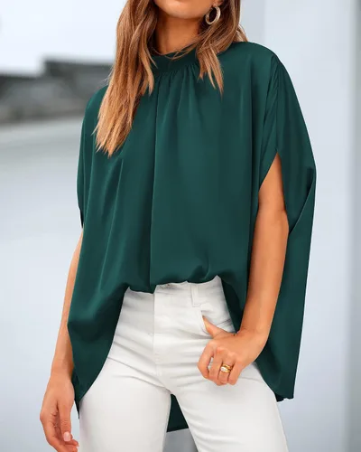 Vista 39 de BTFBM Blusas de verano para mujer, cuello alto falso, manga murciélago, holgadas, dobladillo alto y bajo, blusas informales de gran