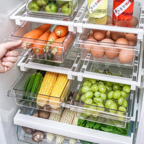 Vista 7 de YekouMax Organizador de refrigerador, contenedores organizadores de refrigerador, extraíble con asa, caja de almacenamiento para estante