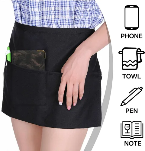 Vista 4 de kailund Server Apron with 3 Pockets, Black Waitress Aprons for Women and Men, Stain Resistant Half Waist Aprons.