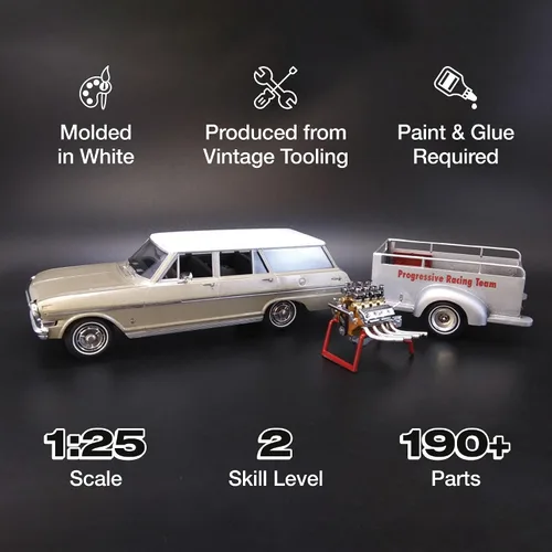 Vista 2 de AMT 1963 Chevy II Station Wagon w/Trailer Kit de modelo a escala 1:25