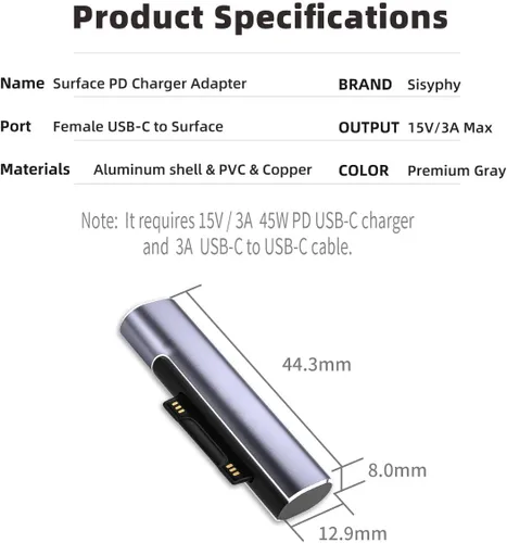 Vista 7 de Sisyphy Adaptador de carga Surface Connect a USB-C para Microsoft Surface Gris