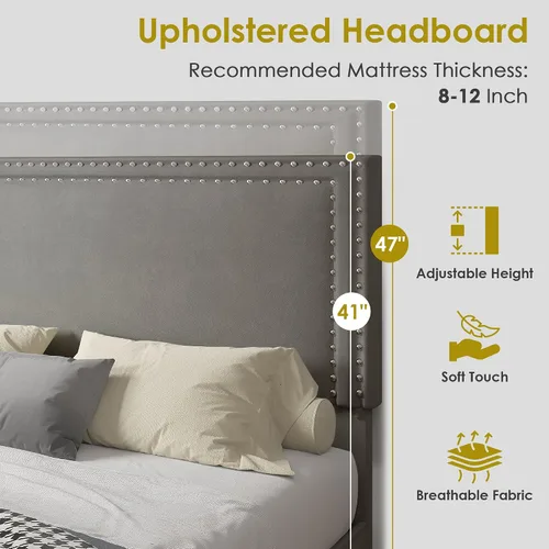 Vista 78 de VECELO Base de cama de plataforma de tamaño individual con cabecera tapizada de altura ajustable, base de colchón moderna, soporte de listones