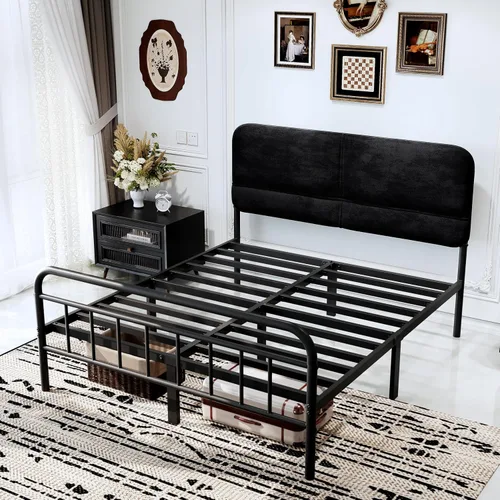 Vista 4 de Base de cama de 14 pulgadas de metal, base de cama tamaño Queen con cabecera tapizada, base de colchón resistente y de alta capacidad, fácil Negro