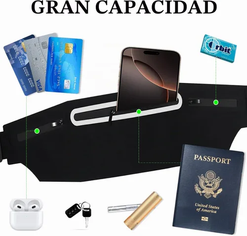Vista 4 de Riñoneras para mujeres, riñonera impermeable para hombres, cinturón ajustable para correr, riñonera de bolsillo delgado expandible, bolsa