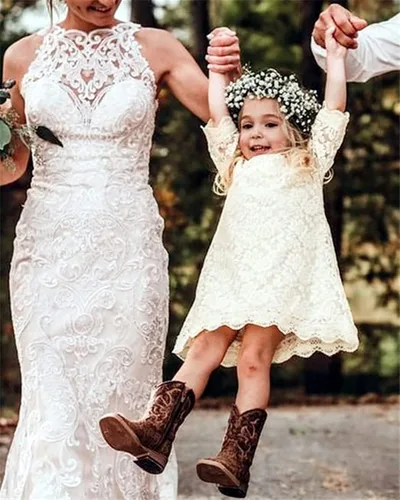 Vista 5 de Vestido de niña con flores, vestido de encaje con manga de 34