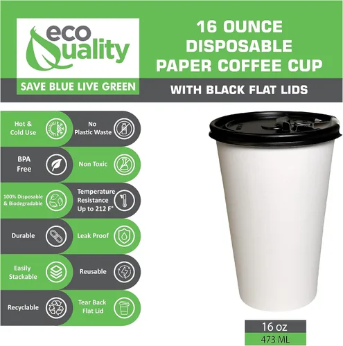 Vista 2 de Tazas de café desechables de papel blanco de 16 onzas con tapas planas negras, vasos de papel reciclables para bebidas calientes/frías con tapas