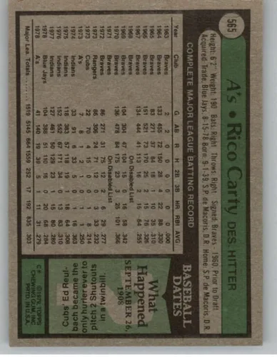 Vista 2 de 1979 Topps Set Break TWO #565 Rico Carty Oakland Athletics Official MLB Baseball Card. See Photo For Condition