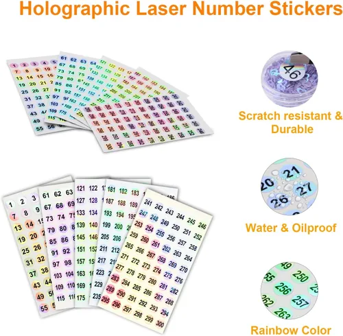 Vista 5 de 2 juegos de pegatinas numéricas (número 1-300), pegatinas holográficas autoadhesivas para organizar botellas de esmalte de uñas/palitos de muestra
