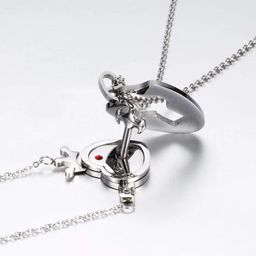 Vista 3 de Vanski Juego de collar de acero inoxidable para parejas con candado de corazón y llave, Metal, Circonia cúbica