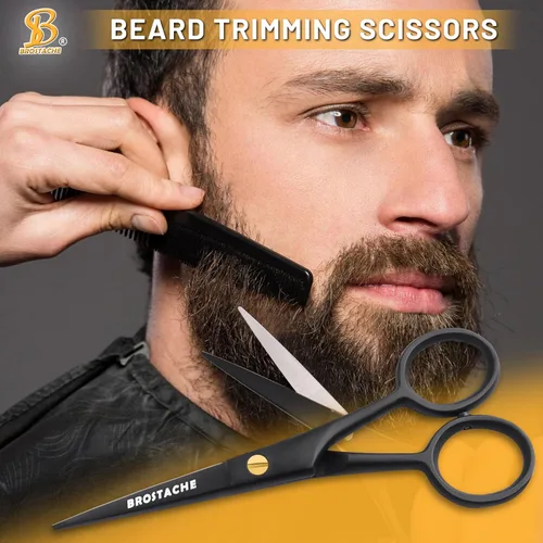 Vista 5 de Tijeras profesionales para barba y bigote de 5 pulgadas, tijeras de acero alemán para barba vienen con peine para bigote, peine para barba y bolsa