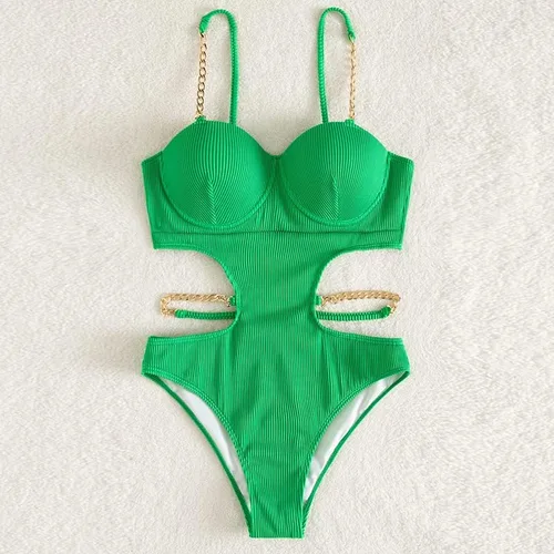 Vista 2 de YAUASOPA Conjunto de bikini de una pieza con correa de metal y corte sexy para mujer, Metálico