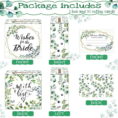 Vista 2 de Outus Caja de 51 tarjetas de boda con hojas de salvia con tarjetas de consejos, caja de tarjetas de despedida de soltera, cajas de sobre