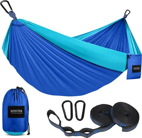 Vista 16 de Kootek - Hamaca portátil doble e individual con 2 correas para árboles, de nailon ligero de paracaídas para mochileros, viajes, playa, patio, Negro
