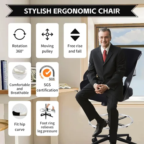 Vista 3 de Silla de dibujo ergonómica,Silla de escritorio de computadora de pie,Anillo de pie, Soporte lumbar,Silla giratoria para tareas,Negro