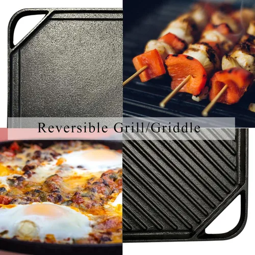 Vista 4 de Parrilla/plancha reversible de hierro fundido, parrilla de cocina de hierro fundido de doble mango de 10.5 pulgadas