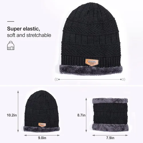 Vista 2 de Conjunto de bufanda y gorro de invierno, gorro cálido con forro polar, gorro de punto grueso para hombres y mujeres Negro