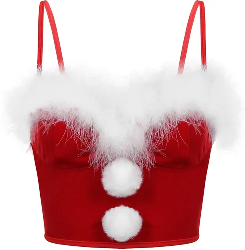 Vista 5 de Conjunto de disfraz de Navidad de la señora Santa Claus para mujer, ombliguera con minifalda patinadora