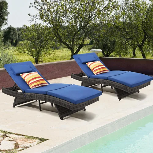 Vista 7 de Sundale Outdoor Wicke - Juego de 2 tumbonas de ratán para patio Azul marino
