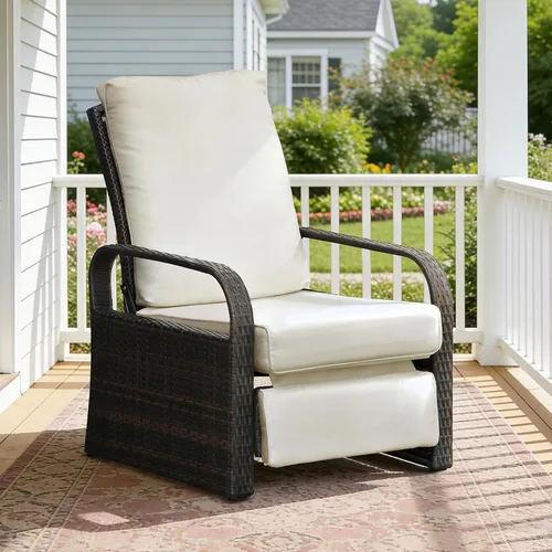 Vista 10 de Babylon Sillón reclinable de mimbre para exteriores, silla reclinable ajustable para patio con cojines de 14 cm de grosor y otomana, resistente a