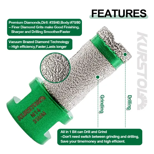 Vista 6 de Broca de núcleo de diamante – Broca de fresado de dedo de diamante de diámetro 1-3/8 pulgadas X5/8-11 rosca para agrandar dar forma bisel redondo