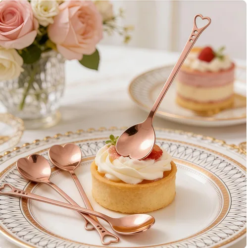 Vista 4 de jinyatu - Cuchara de postre de acero inoxidable con forma de corazón, accesorio de cocina para pastel, té, azúcar, helado, fruta, 8 piezas (oro rosa)
