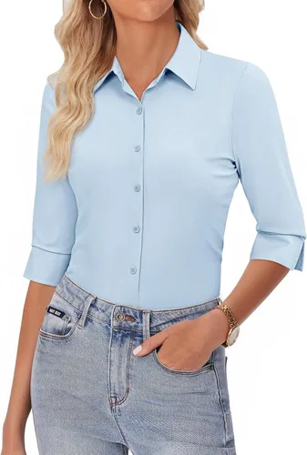 Vista 14 de siliteelon Camisas con botones para mujer, manga 3/4, elástica, ajustada, sin arrugas, cuello para negocios, trabajo, tops