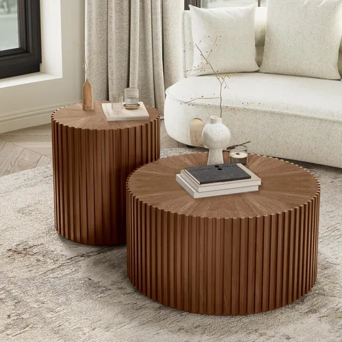 Vista 14 de POVISON Mesa auxiliar, mesa de centro redonda de madera, mesa auxiliar moderna para sala de estar, mesa de centro acanalada, color negro, totalmente