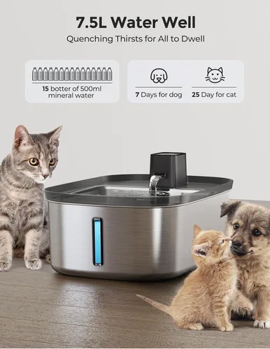 Vista 6 de Fuente de agua inalámbrica de 7.5 l/254 oz/2 galones para perros grandes, acero inoxidable, fuente de agua silenciosa para mascotas y gatos