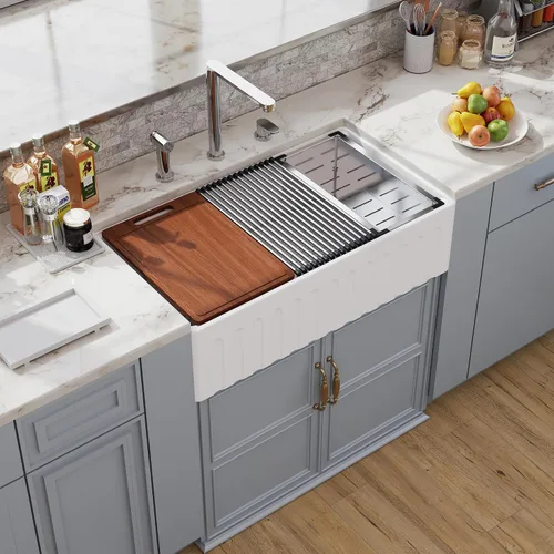 Vista 10 de Farm - Fregadero de cocina reversible con 24 unidades, color blanco, 24 x 18 pulgadas, delantal frontal de porcelana blanca, de cerámica y arcilla