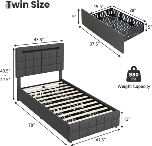 Vista 2 de KOMFOTT Base de cama individual con estación de carga y luces LED, base de cama de plataforma tapizada con cabecera ajustable y 4 cajones