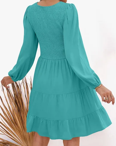Vista 4 de ZESICA Minivestido casual con cuello en V y manga larga fruncida y cintura alta fruncida con volantes en línea A