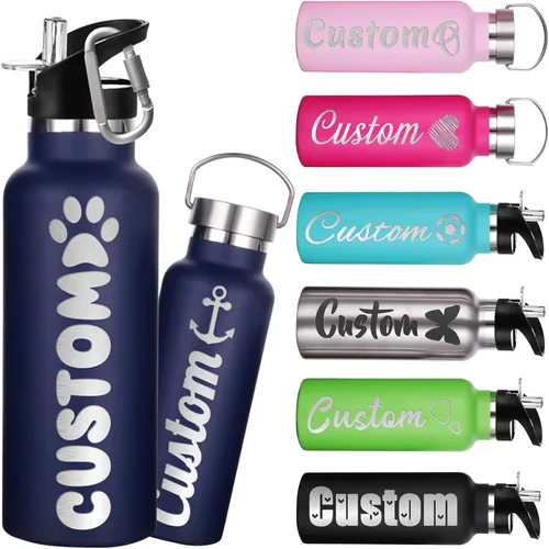 Vista 9 de Botellas de agua personalizadas de 12 onzas, botella de agua de acero inoxidable personalizada con tapa con pajilla, botellas de doble pared